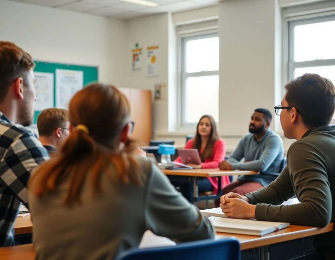 Teacher guiding 11th grade students through a digital ethics discussion using real case studies