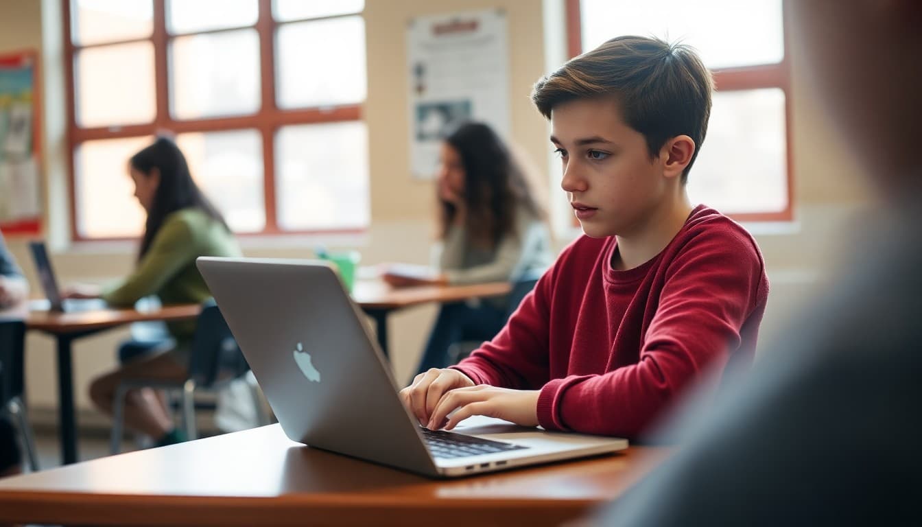 11th grade student reviewing their social media privacy settings on a laptop before college application season