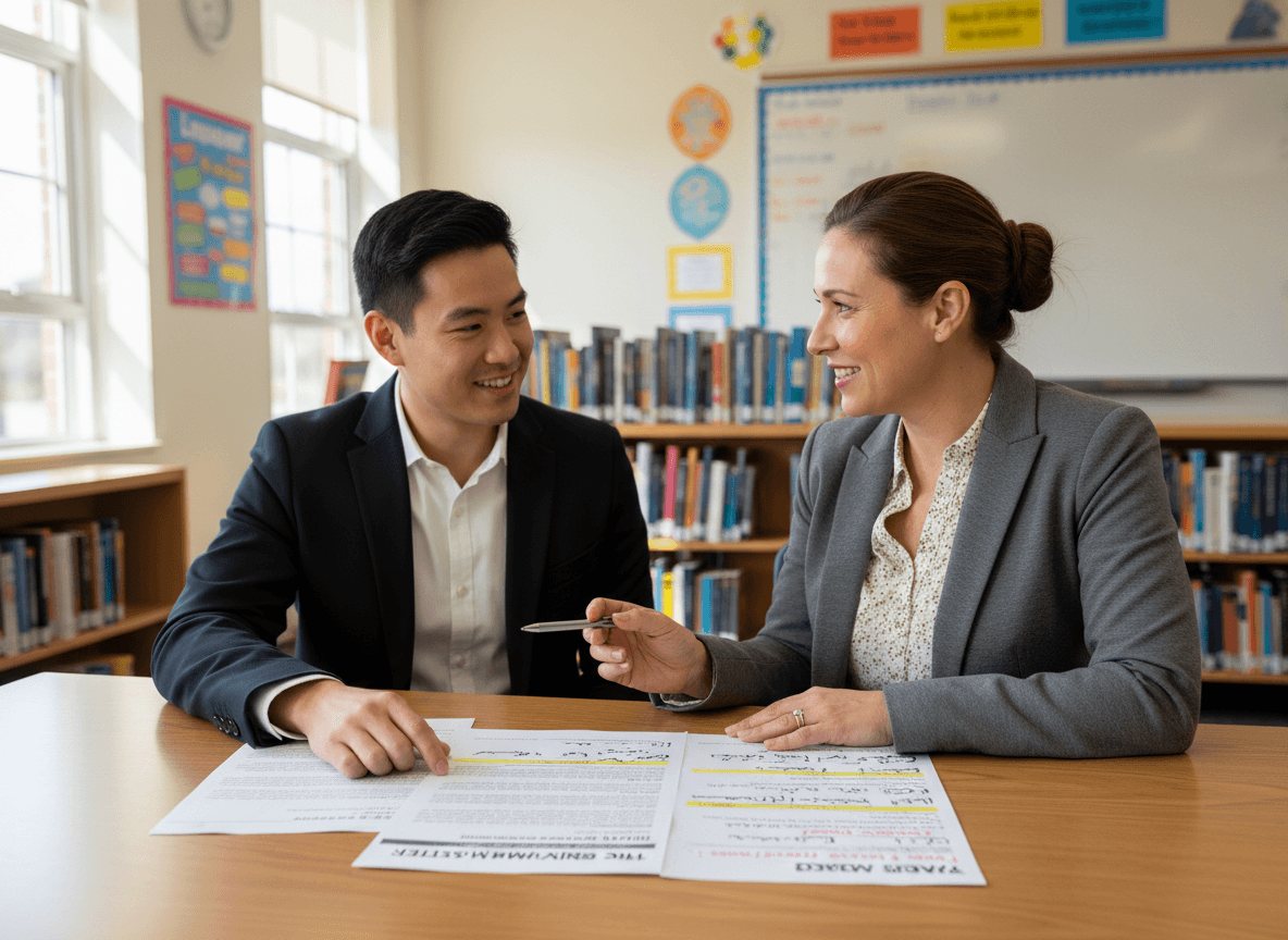ELL teacher reviewing a translated newsletter draft for 11th grade families with limited English proficiency