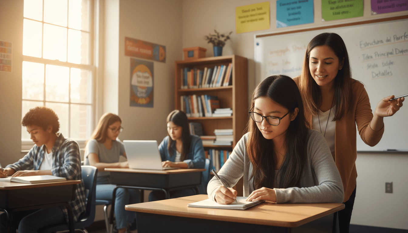 English language learner student in an 11th grade high school classroom working on writing with a bilingual teacher
