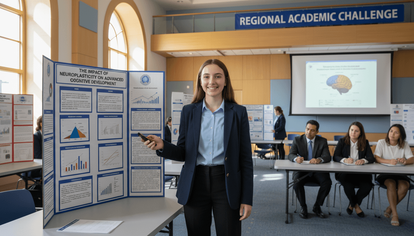 Gifted 11th grade student presenting a research project at a high school academic competition