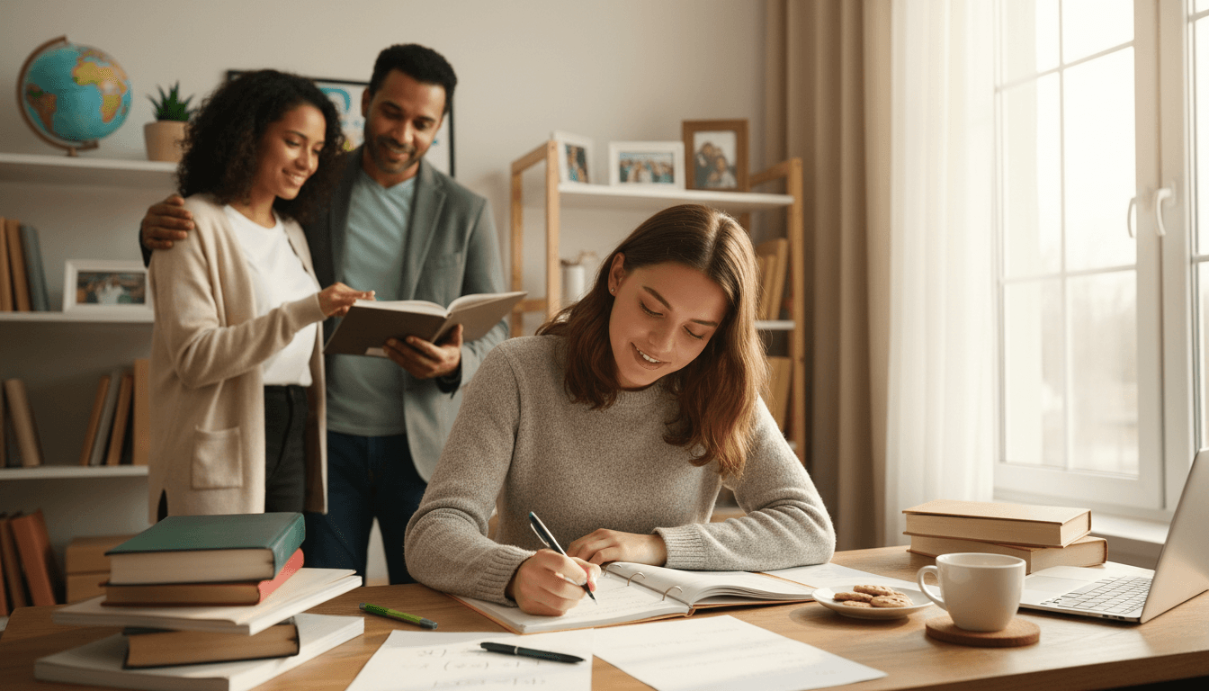 Eleventh grade student at a desk with homework, parents nearby as supportive partners