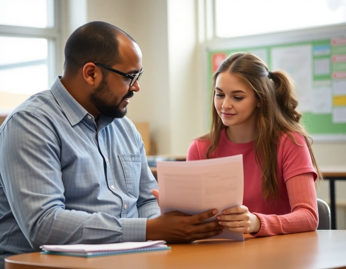 High school counselor reviewing an 11th grade student's grades and college planning timeline