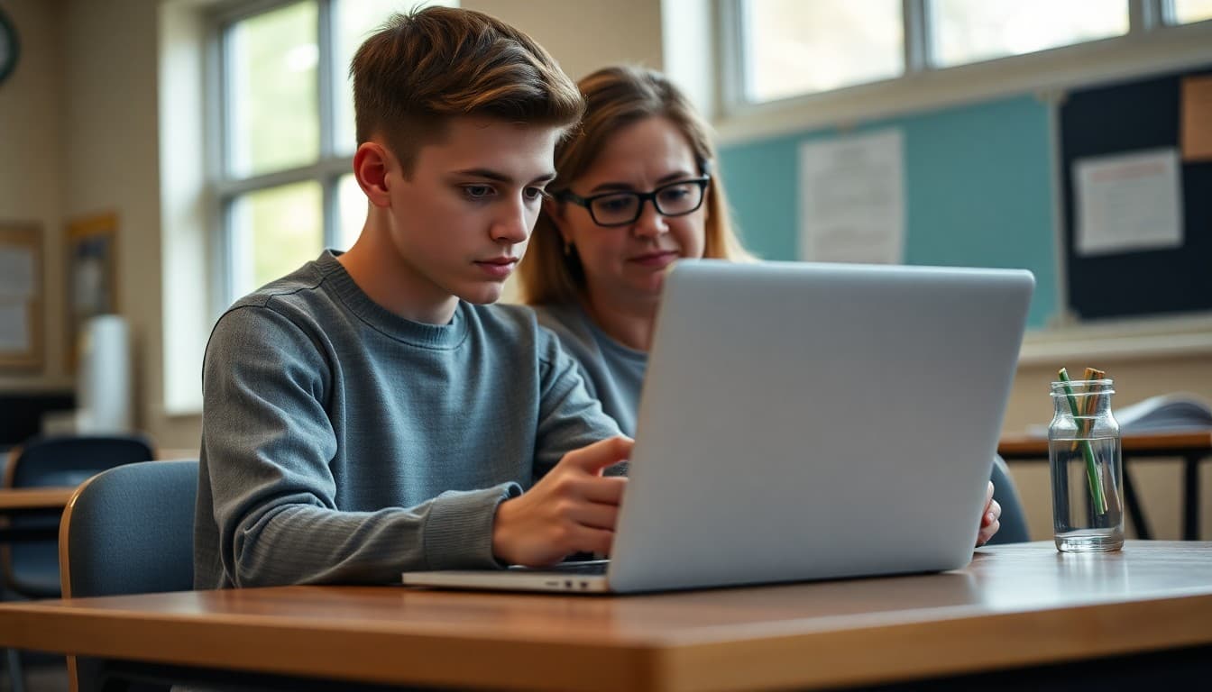 11th grade student and parent reviewing a progress report on a laptop, looking at the gradebook portal