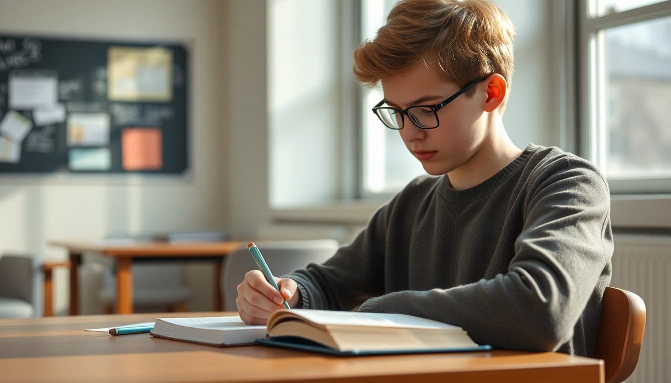 11th grade student reading a novel and taking annotated notes at a college-prep study desk
