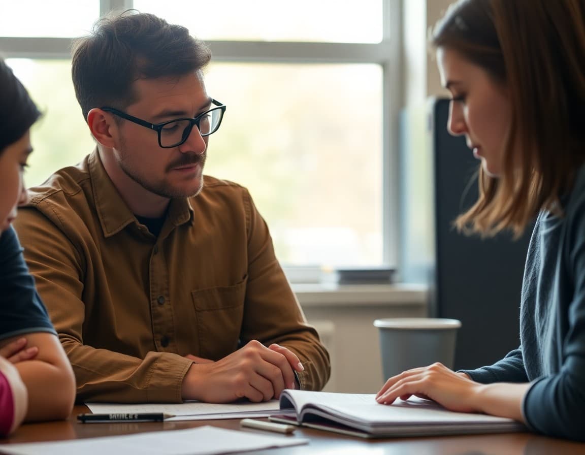 Science teacher reviewing a 11th grade student's research paper draft with statistical analysis