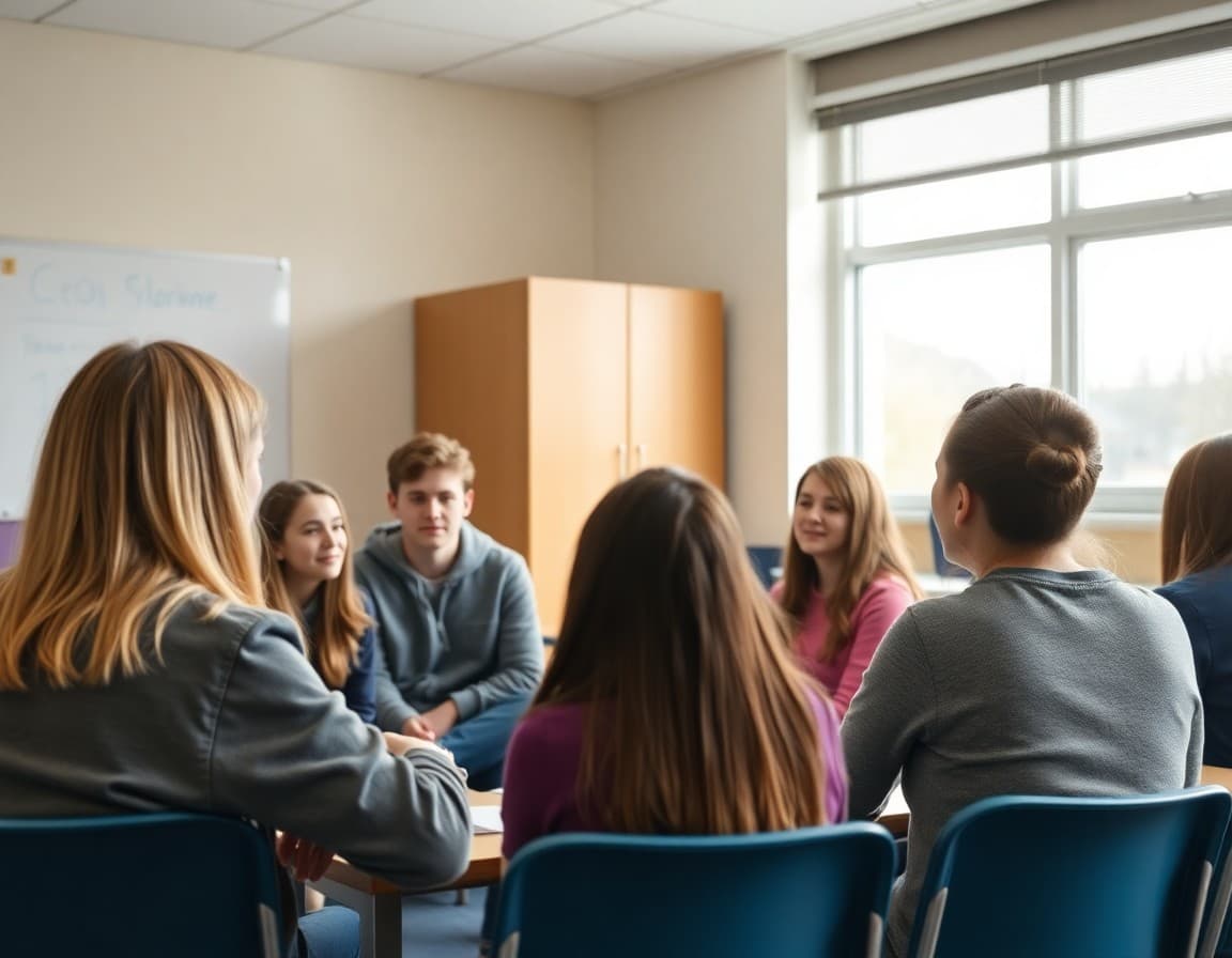 High school counselor meeting with a group of 11th grade students about managing stress and peer relationships