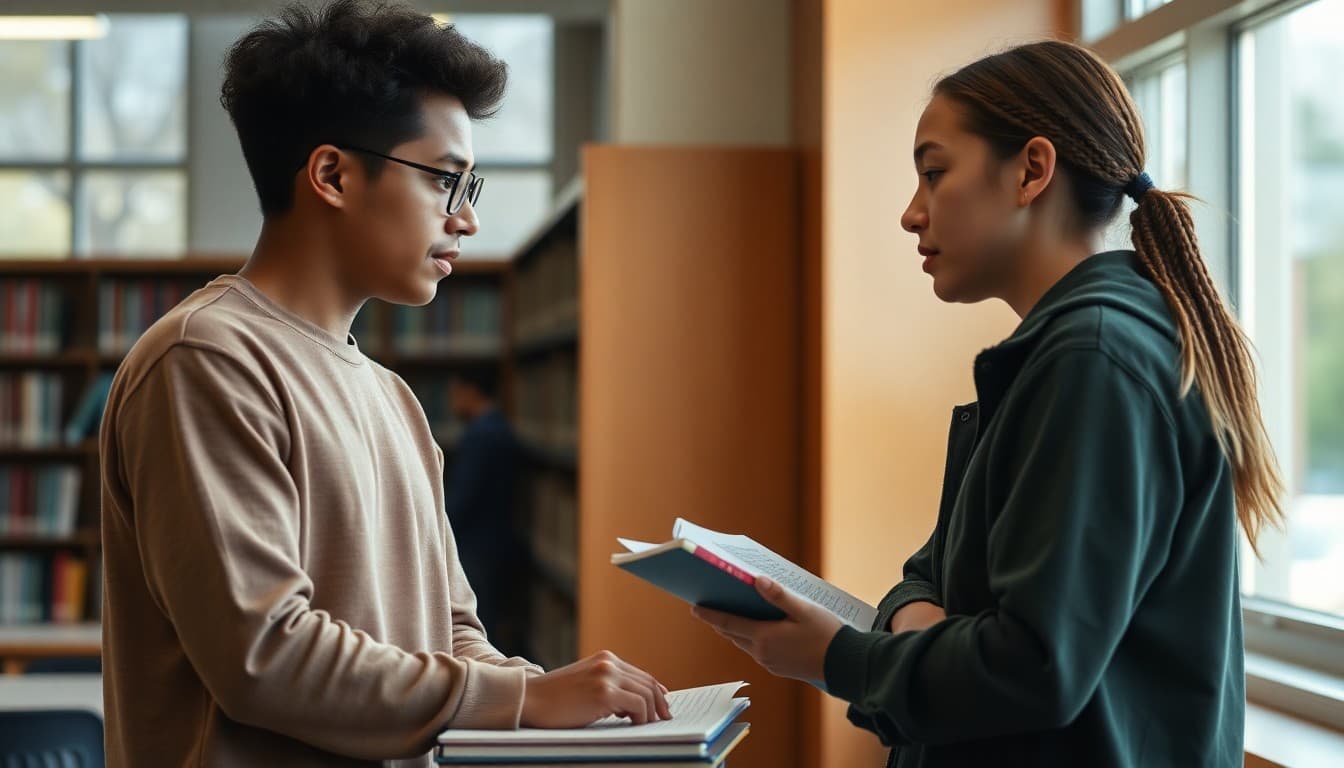 Two 11th grade students collaborating on a college prep project, talking seriously in the library