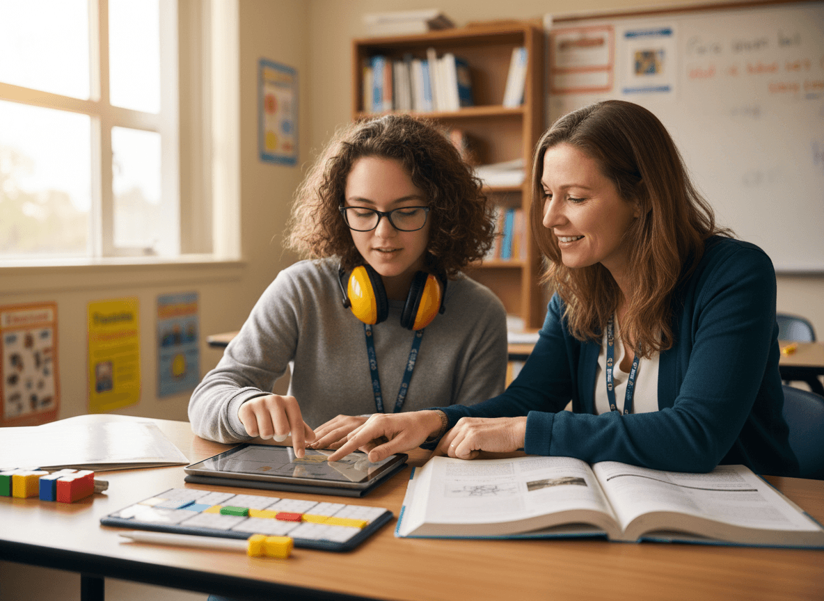 11th grade student with learning support materials working at a high school desk alongside a special education paraprofessional
