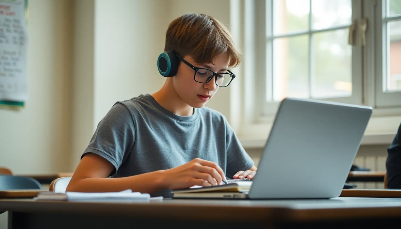 11th grade student using a vocabulary notebook and laptop for SAT word study