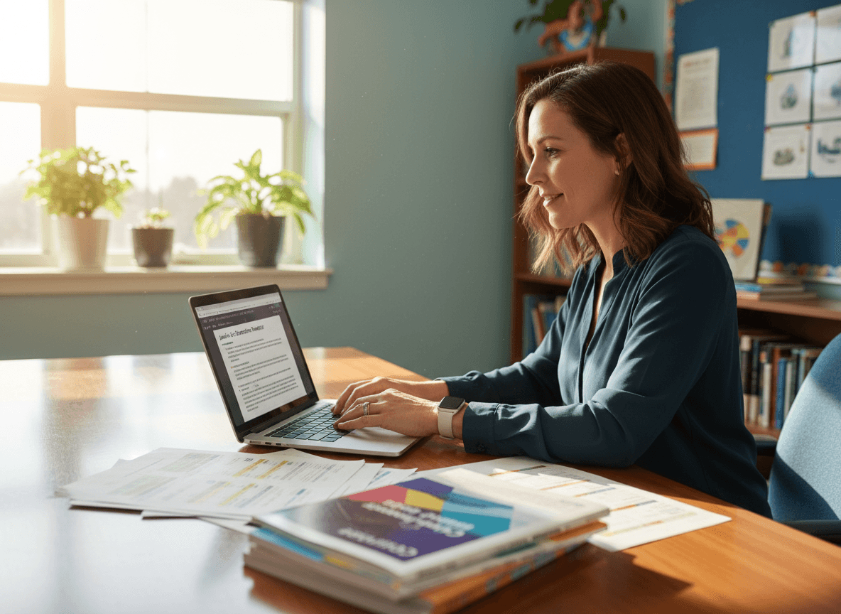 Teacher preparing a junior-to-senior transition newsletter on a laptop with course planning documents nearby