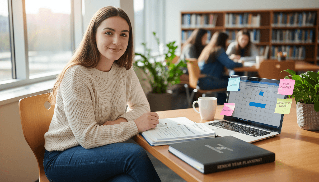 11th grade student reviewing graduation requirements and senior year planning materials at a desk