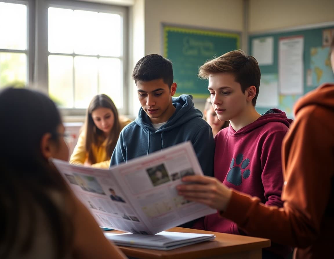High school students looking at an environmental science syllabus on the first day of class