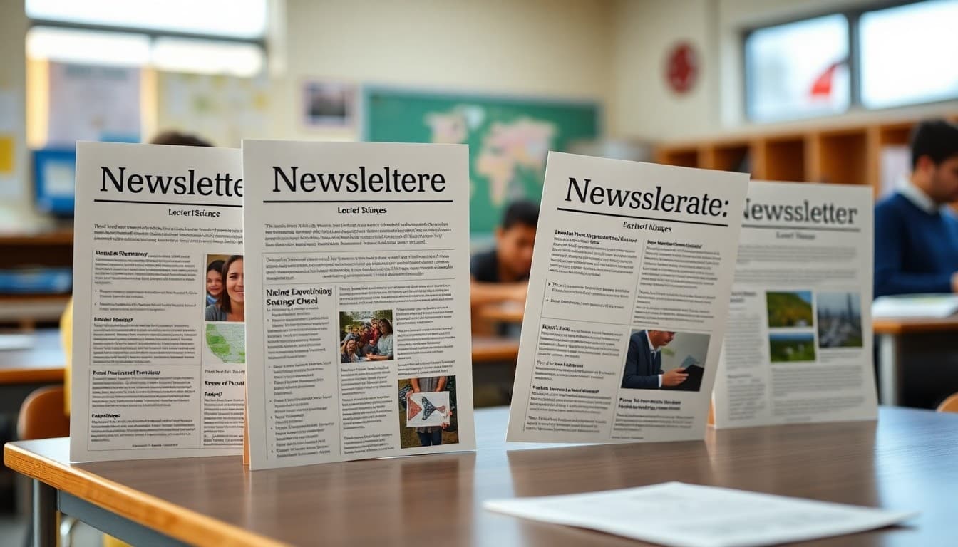 High school environmental science teacher newsletter examples displayed on a classroom desk