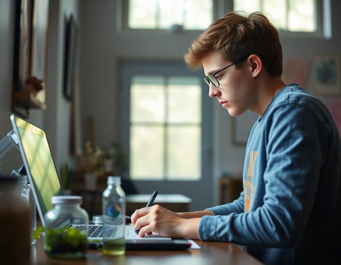 High school student working on an environmental science research project at home