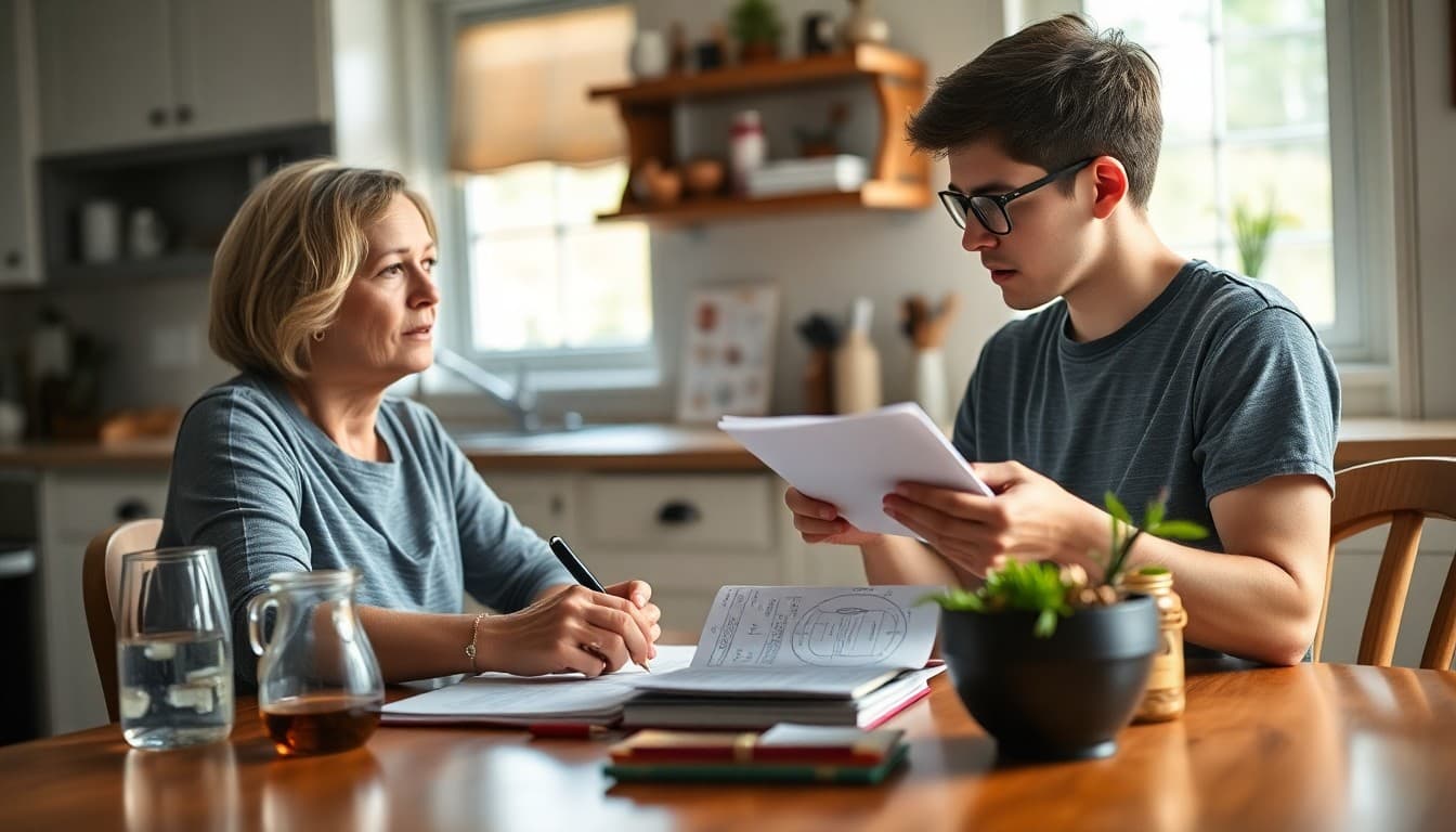 Parent and high school student discussing environmental science homework at kitchen table