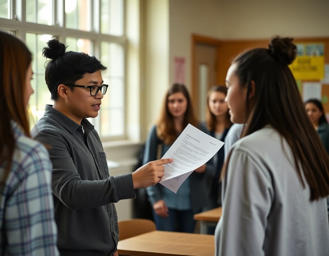 High school environmental science teacher handing out beginning of year syllabi to ninth graders