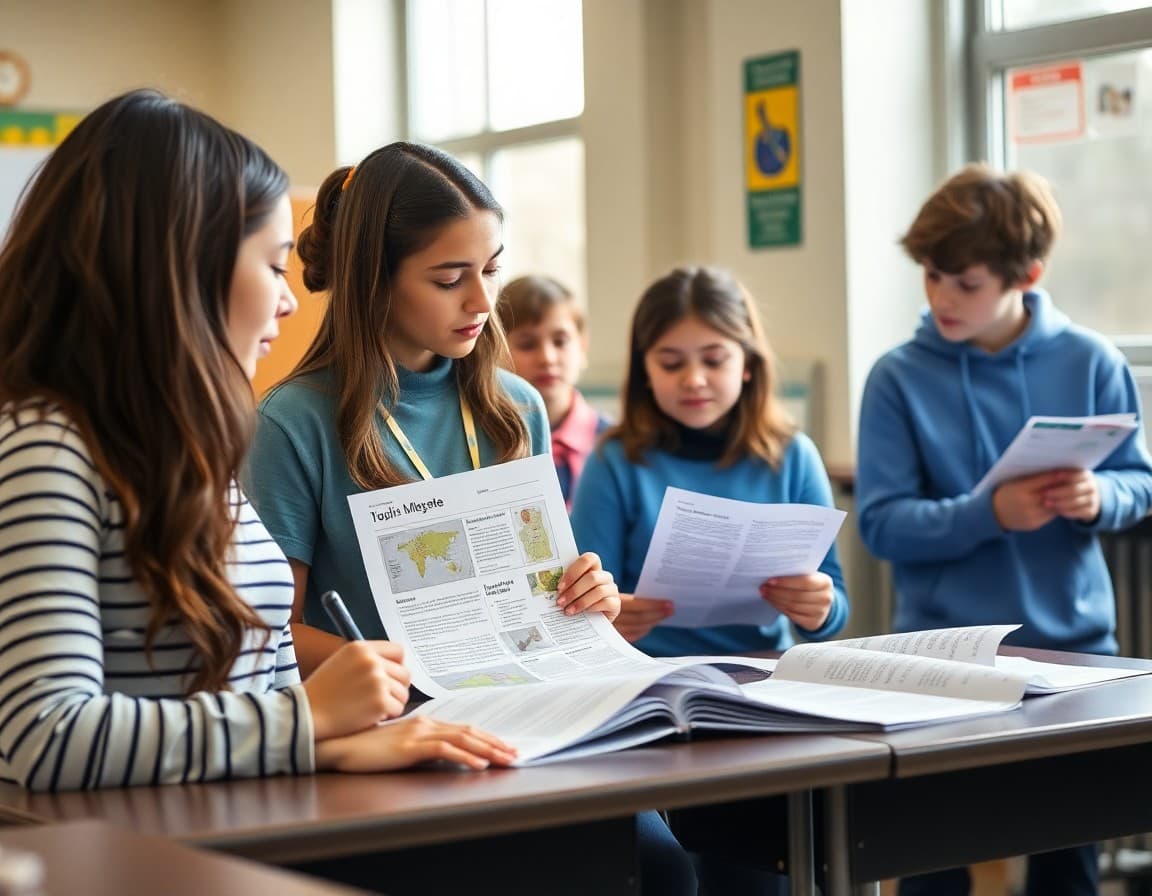High school teacher reviewing 9th grade environmental science newsletter drafts and examples