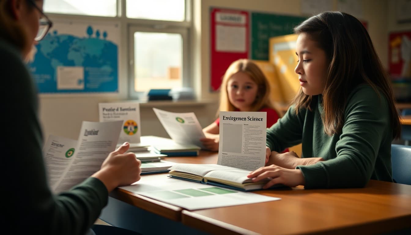Ninth grade environmental science teacher newsletter examples organized on a school desk