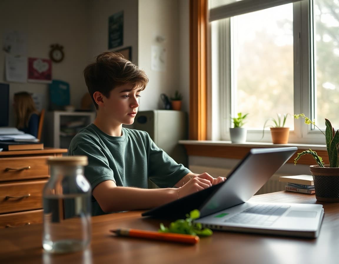 Ninth grade student working independently on an environmental science project at home