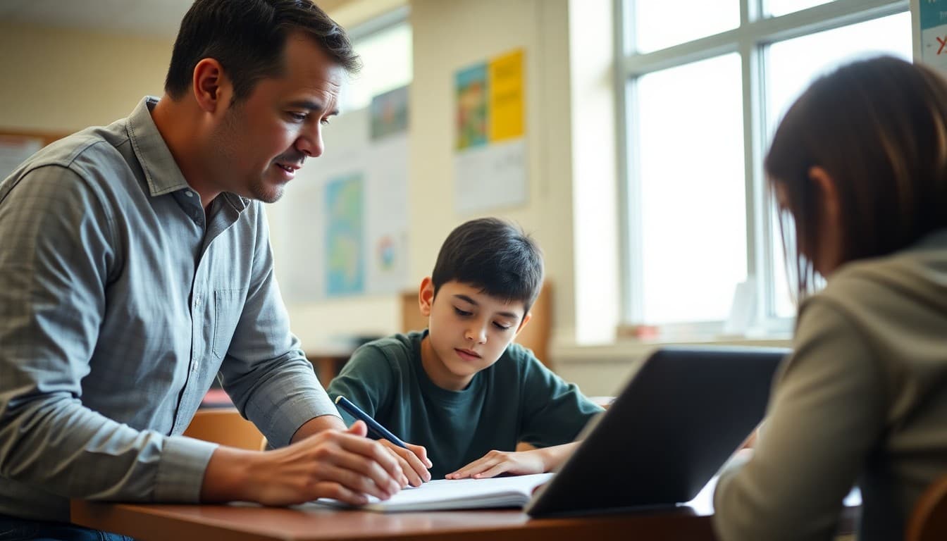 Parent checking in with a ninth grade student working on environmental science homework