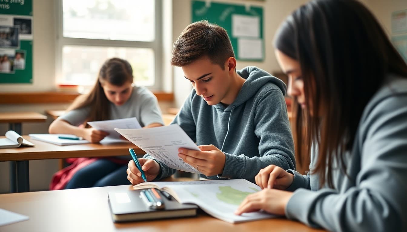Ninth grade students preparing for an environmental science test using notes and diagrams