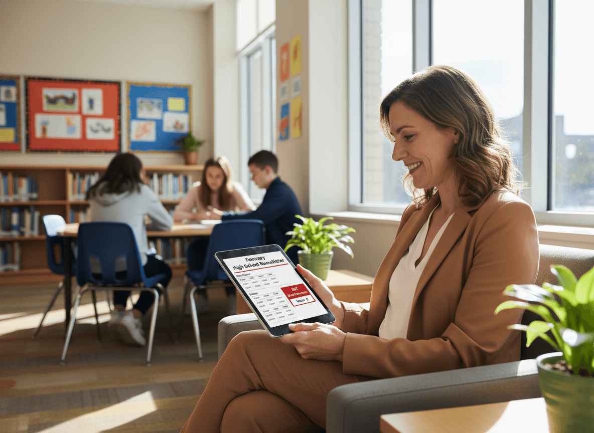Parent reading February high school newsletter on tablet with sports calendar and SAT date reminders