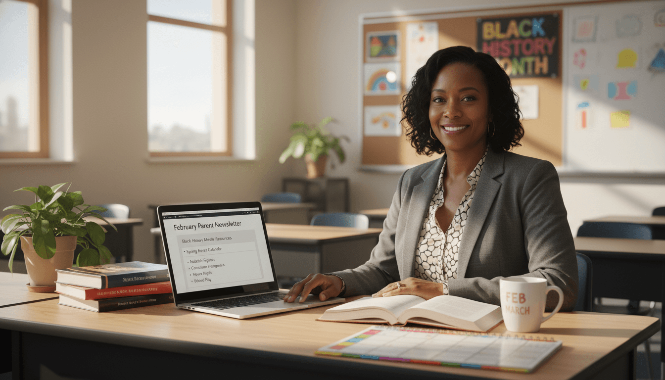 High school teacher composing February parent newsletter with Black History Month resources and spring event calendar