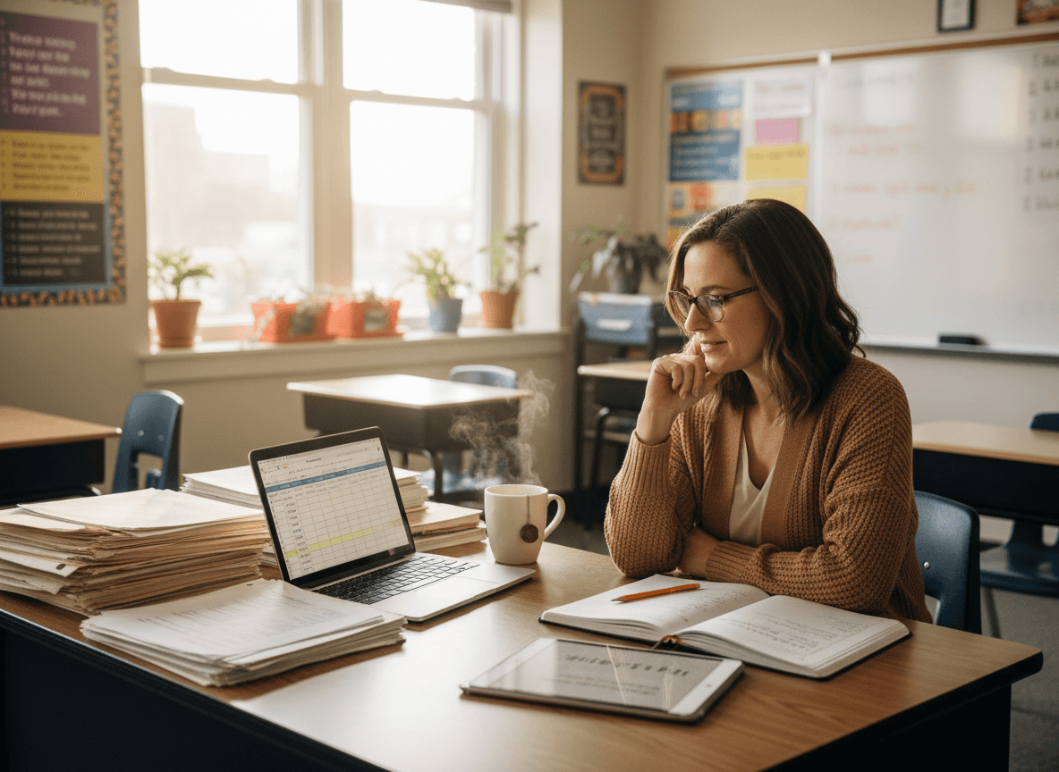 Ninth grade teacher reviewing freshman mid-year progress before writing February newsletter
