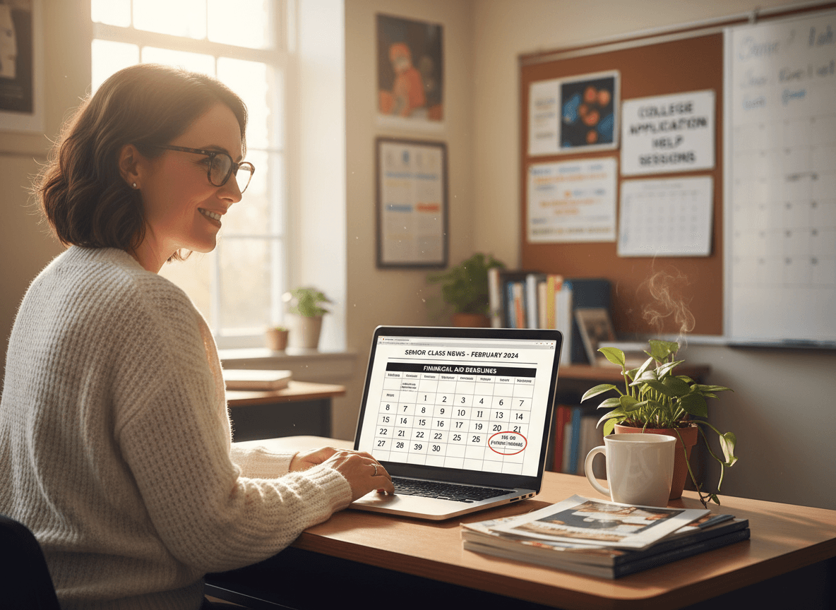 Senior year teacher composing February newsletter with financial aid deadline calendar