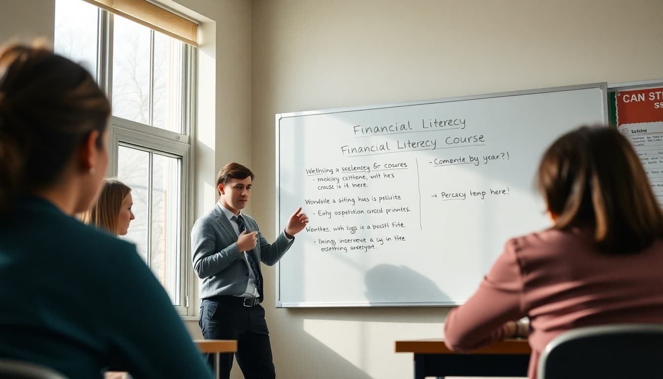 High school teacher standing at whiteboard with financial literacy course overview at start of year