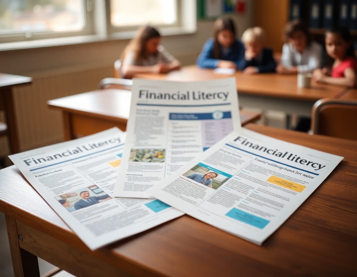 Three financial literacy newsletter examples printed and organized by type on a wooden surface