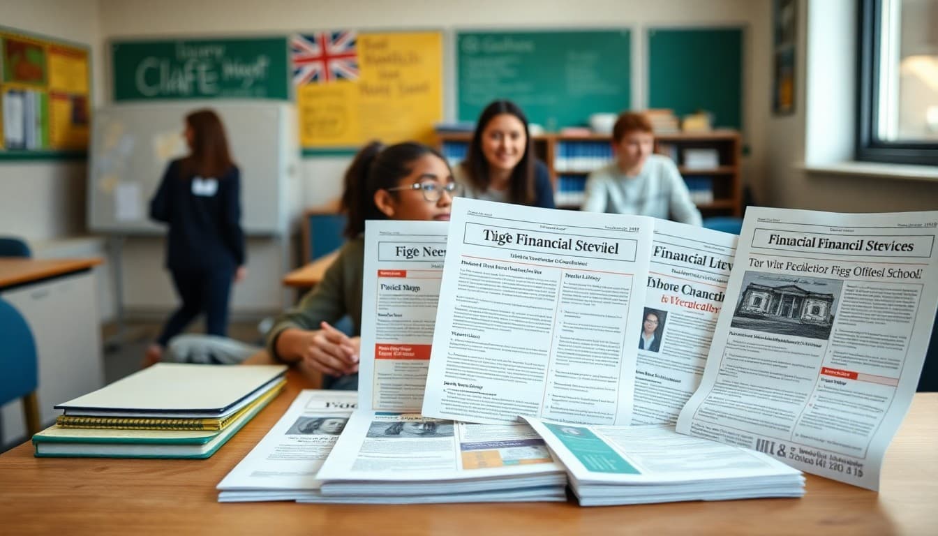 Collection of high school financial literacy newsletter examples arranged on a teacher's desk