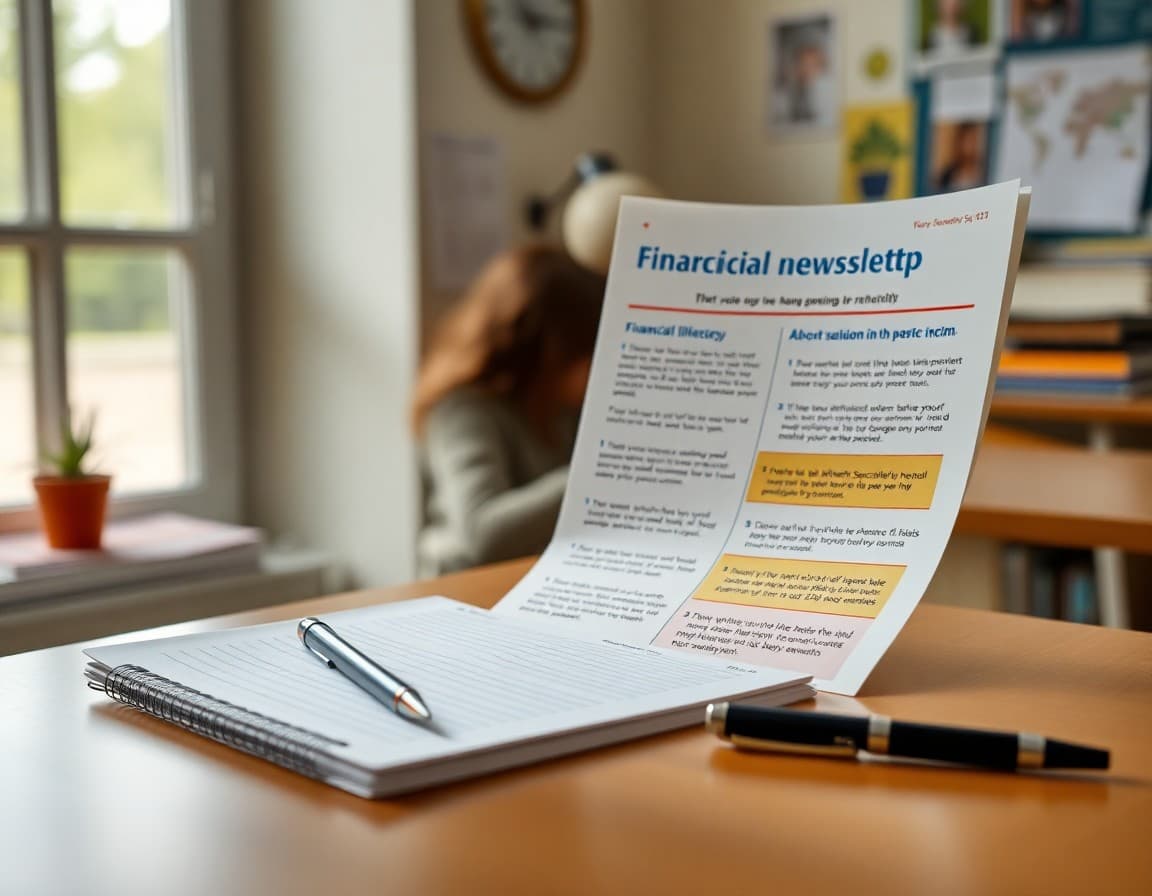 Financial literacy parent help newsletter beside a notebook and pen on a home desk