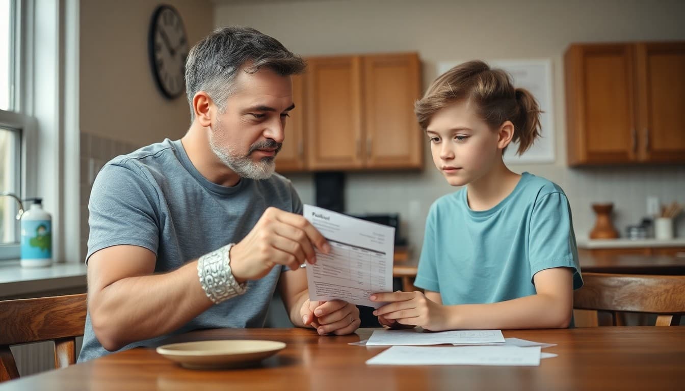 Parent and high school student reviewing a pay stub together at a kitchen table