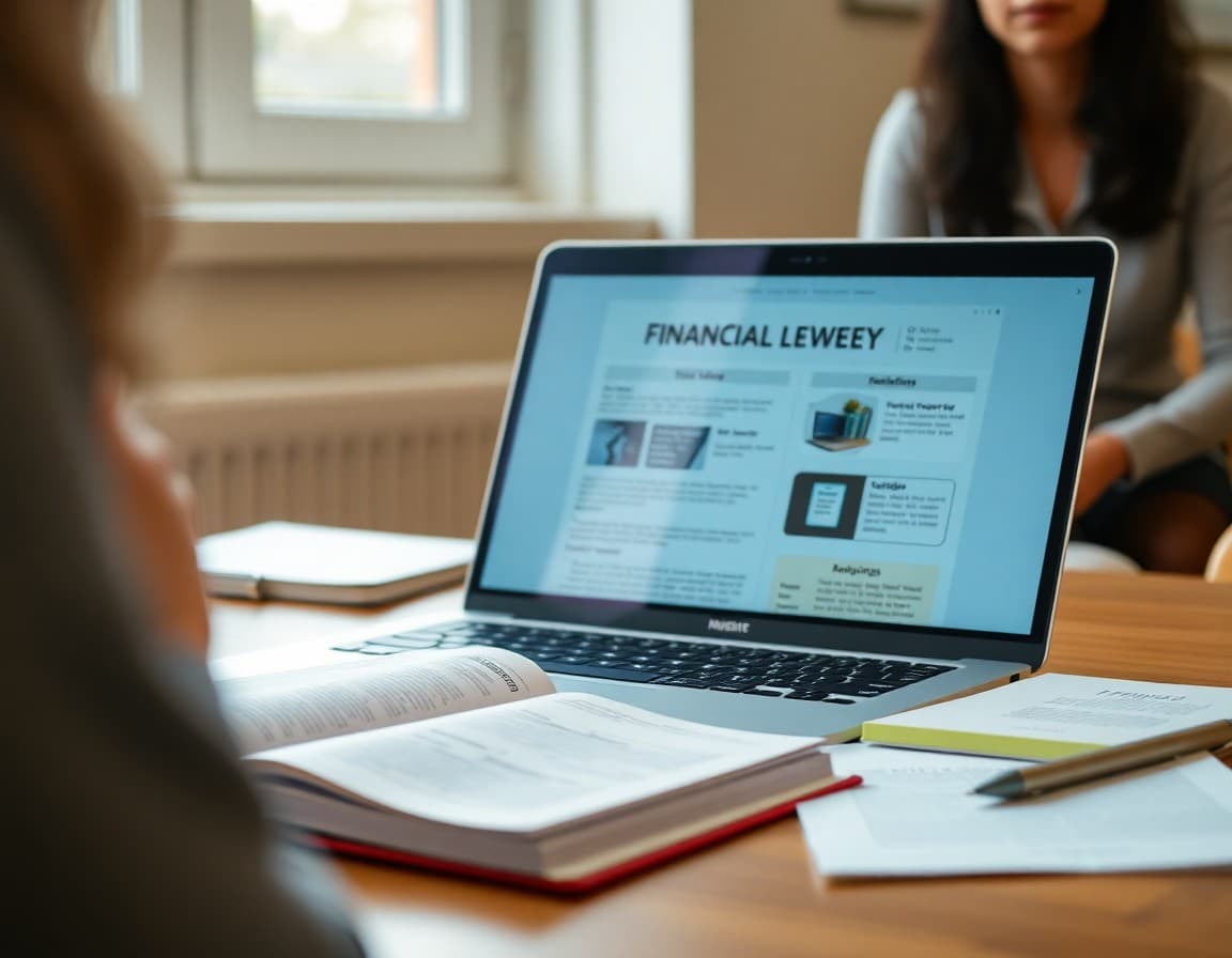 Teacher test prep newsletter on a laptop screen beside financial literacy textbook and notes