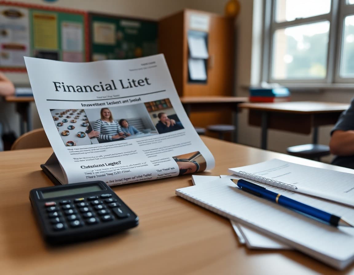 Financial literacy unit newsletter printed beside a calculator and student notes on a desk