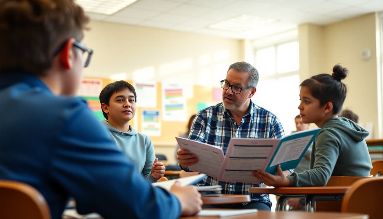 High school financial literacy teacher reviewing unit materials with students in a bright classroom