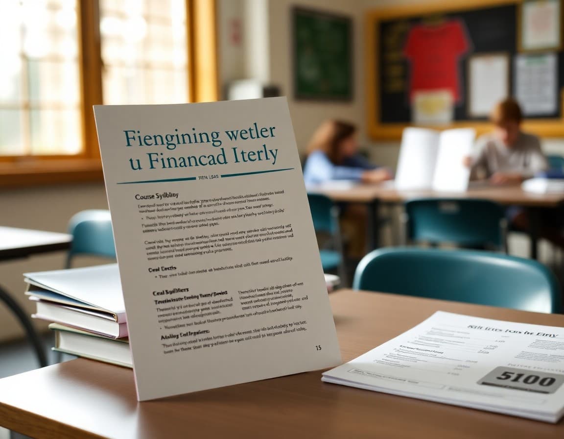 Beginning of year financial literacy newsletter for 9th grade beside a course syllabus on a desk