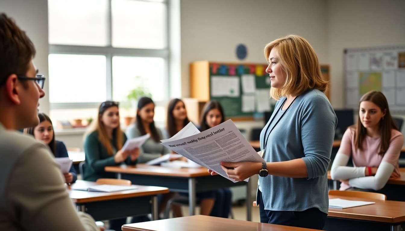 Ninth grade teacher handing out beginning of year newsletters in a financial literacy classroom
