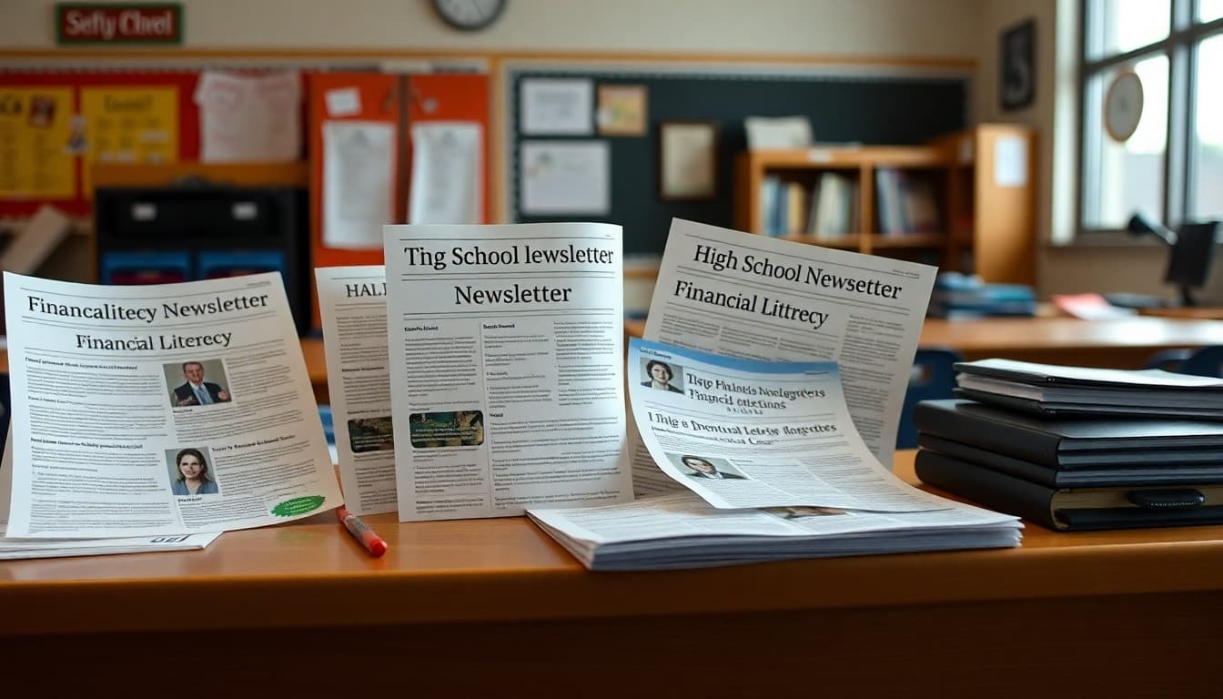 Multiple financial literacy newsletter examples for 9th grade arranged on a high school teacher's desk