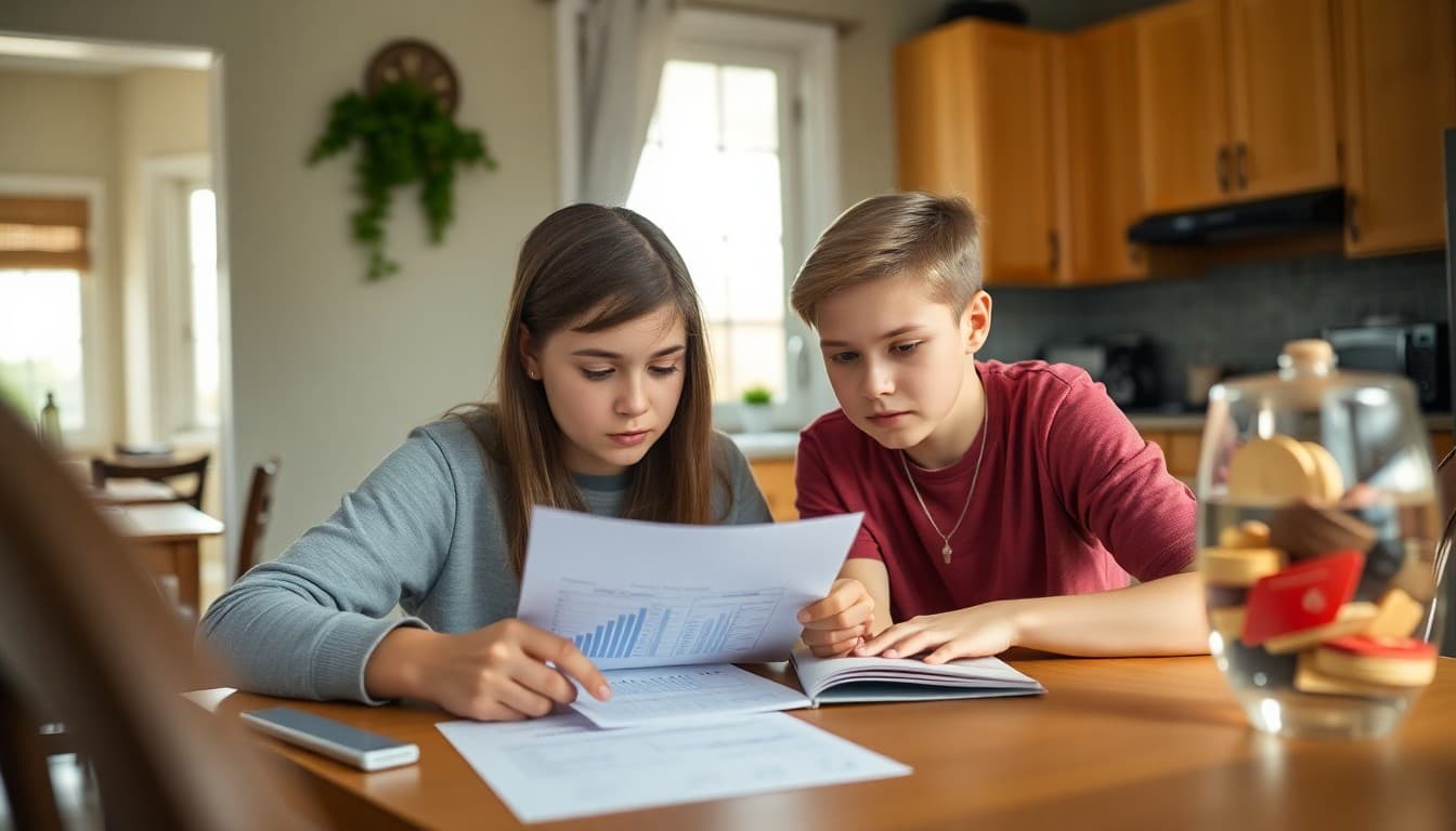 Parent and ninth grade student reviewing a budget worksheet together at a home kitchen table