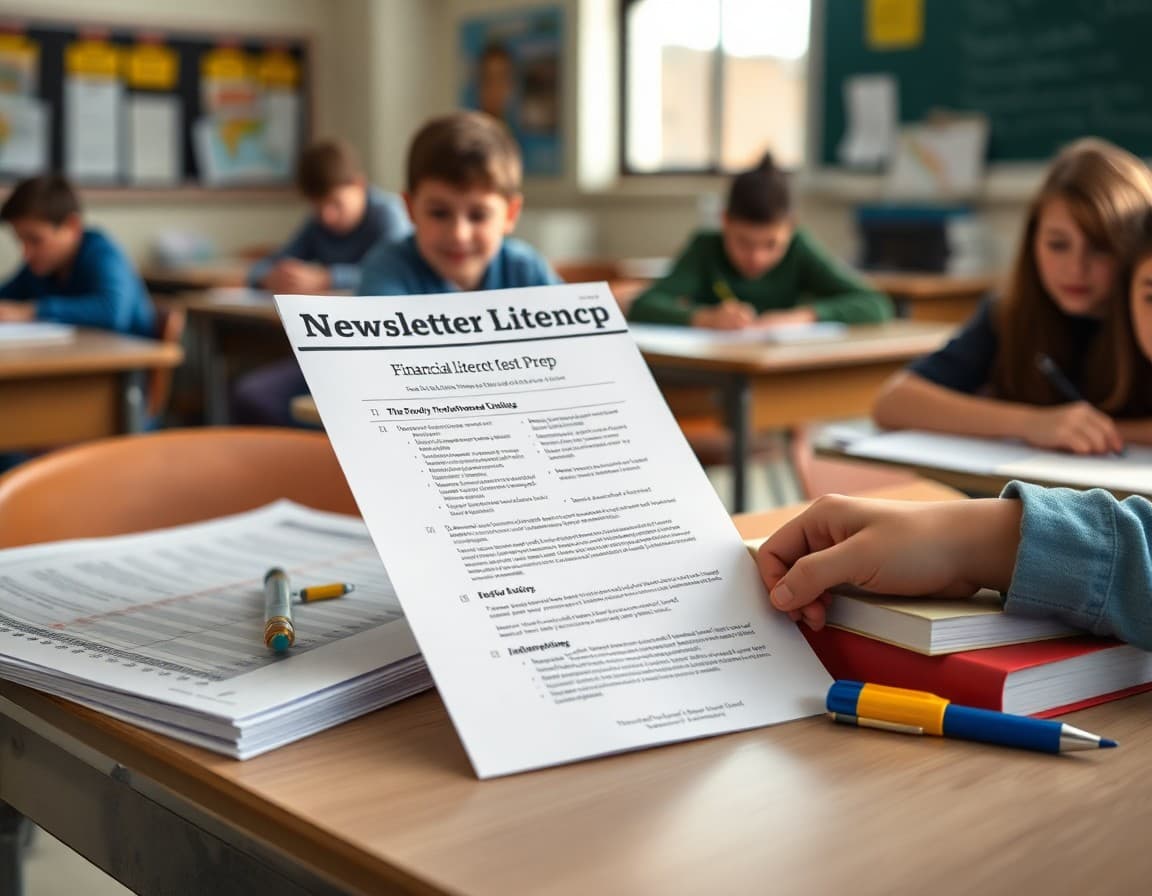 Financial literacy test prep newsletter for 9th grade beside study materials on a school desk