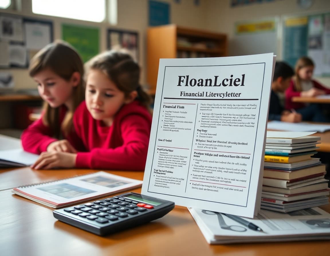 Financial literacy unit newsletter for 9th grade beside a calculator and course materials