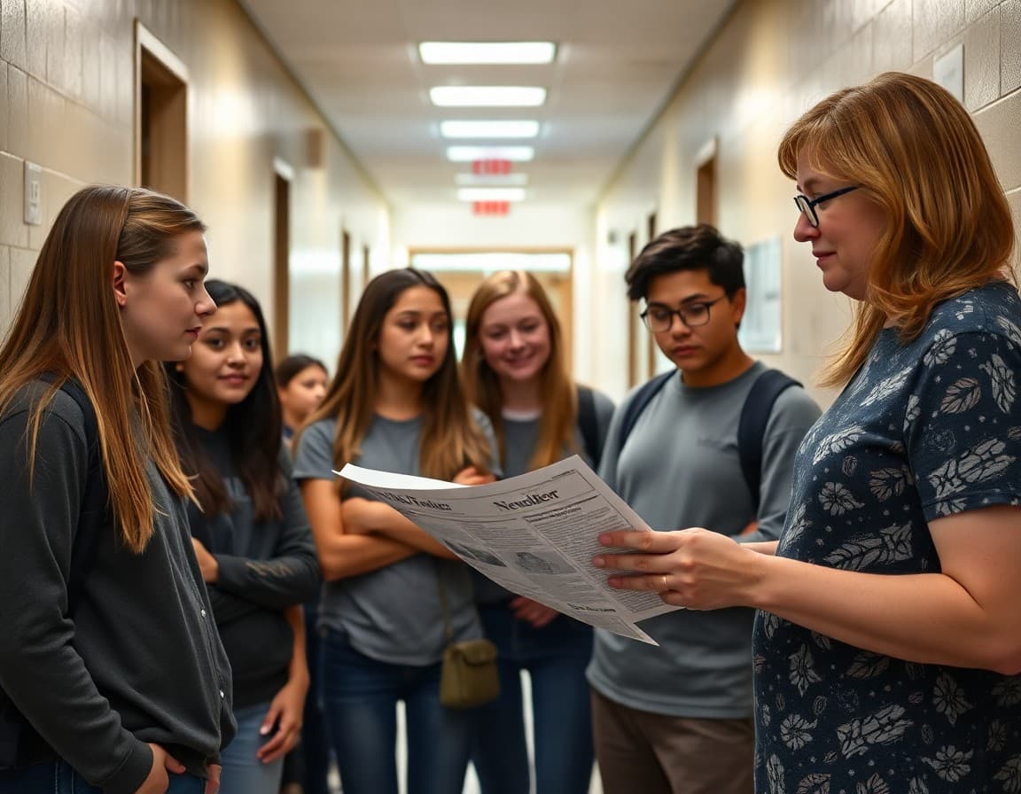 High school students in Florida hallway with teacher reviewing printed newsletter