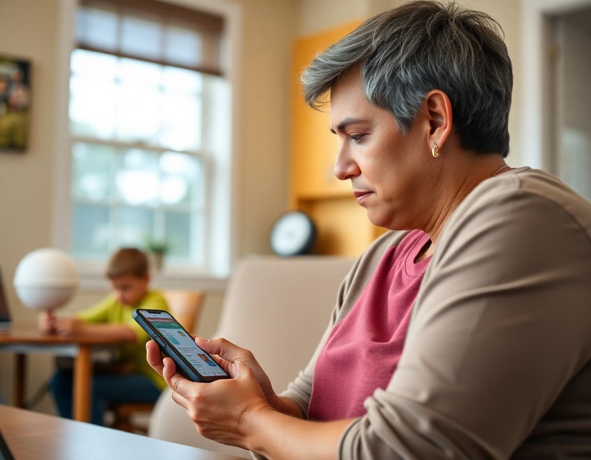 Florida parent reading a high school teacher newsletter on a smartphone at home