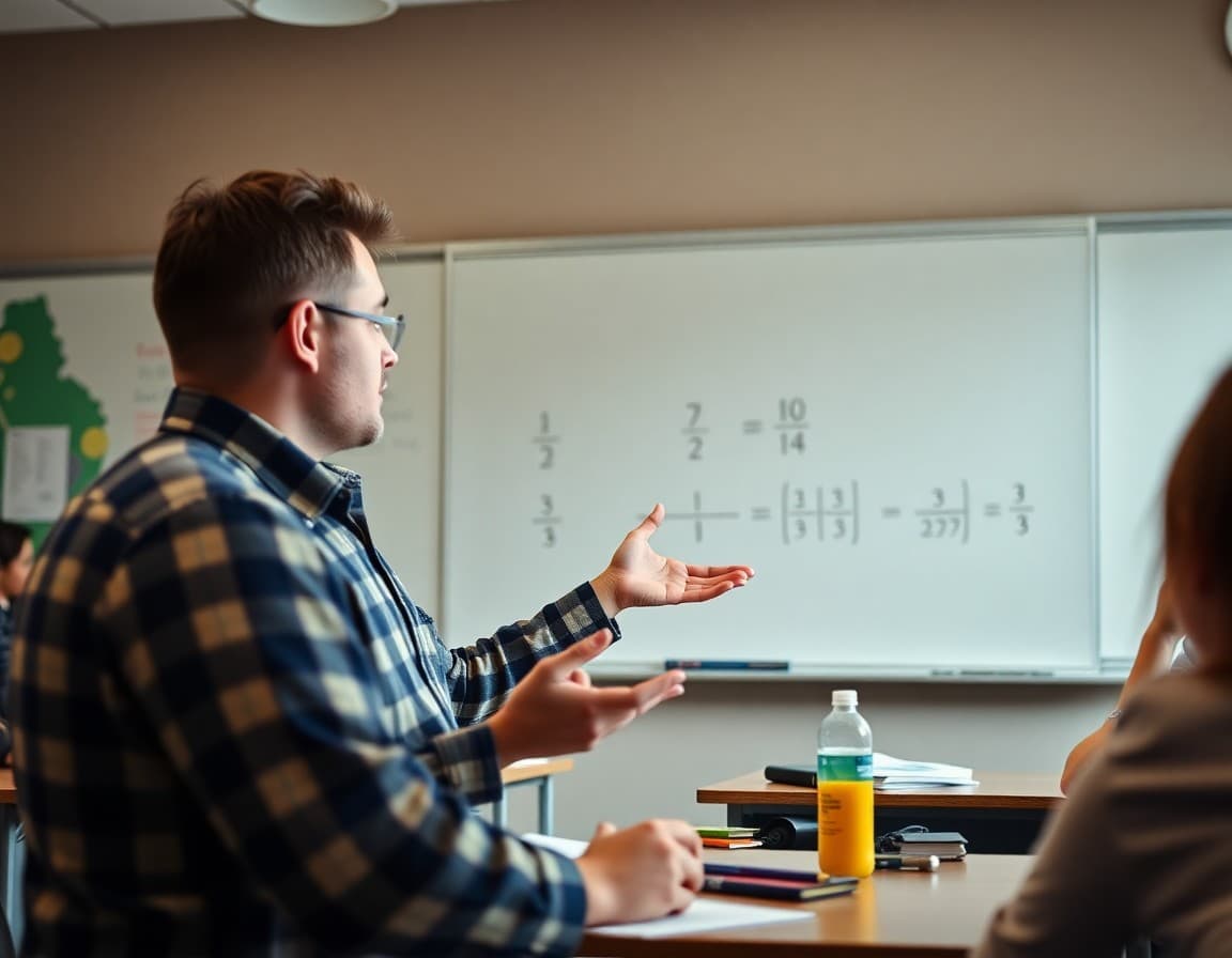 Math teacher explaining fraction operations to a high school class using visual representations