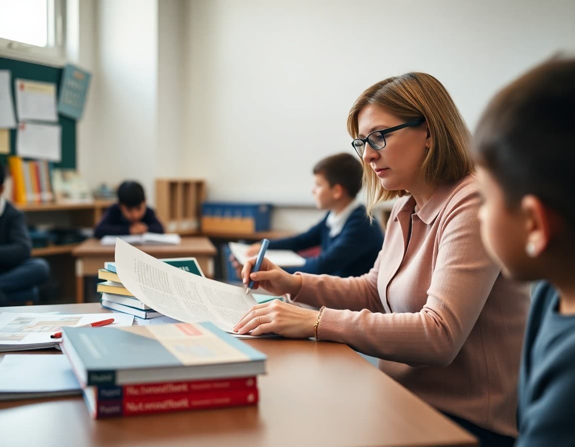 French teacher composing a parent newsletter with French textbooks and student work on the desk