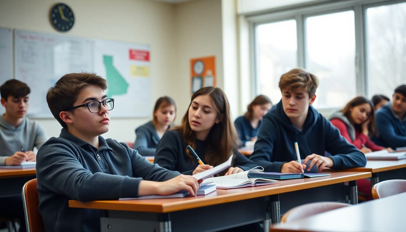 High school French class students listening to authentic audio and taking notes in class
