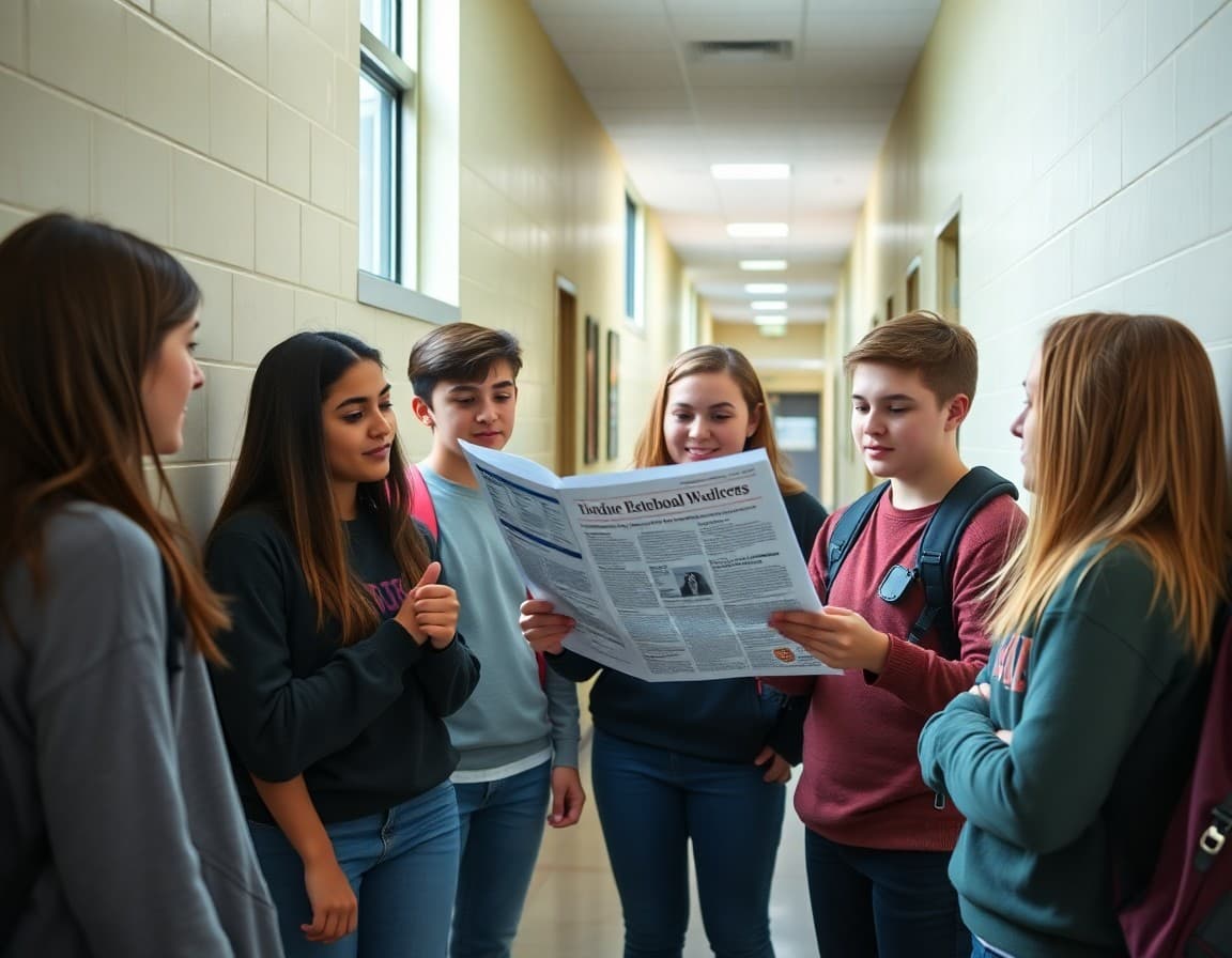 High school students in Georgia reviewing newsletter with counselor in hallway